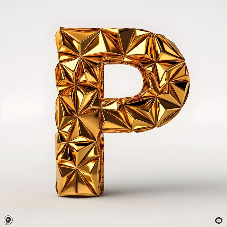 Foto elegante letra geométrica 3d p con textura de oro metálico de lujo y reflejos suaves