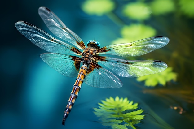 una elegante libélula flotando sobre un estanque tranquilo con sus alas iridiscentes y su cuerpo esbelto