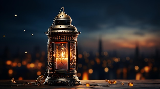 Elegante linterna islámica 3D con una hermosa escena nocturna generativa ai