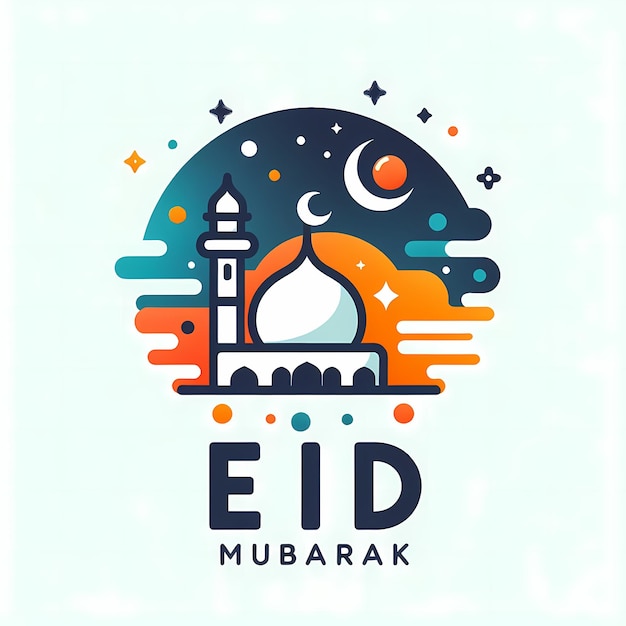 El elegante logotipo de Eid Mubarak elaborado en tonos vibrantes de atractivo minimalista incluye el texto de Eid mubarak