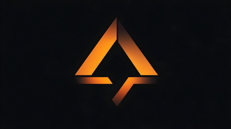 Foto el elegante logotipo del triángulo naranja en movimiento dinámico sobre fondo negro