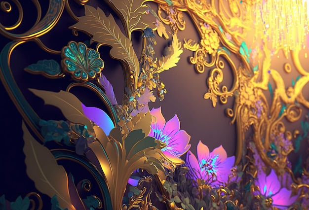 Elegante y lujoso adorno de flores y hojas doradas, moradas y verdes. Fondo de joyería con motivos florales abstractos. Representación 3D generada por IA.