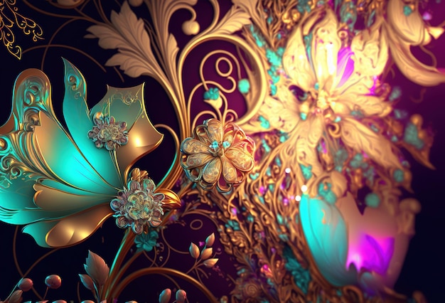 Elegante y lujoso adorno de flores y hojas doradas, moradas y verdes. Fondo de joyería con motivos florales abstractos. Representación 3D generada por IA.