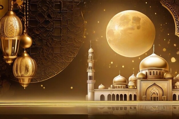Elegante luna dorada con el fondo de la mezquita Ramadán Kareem