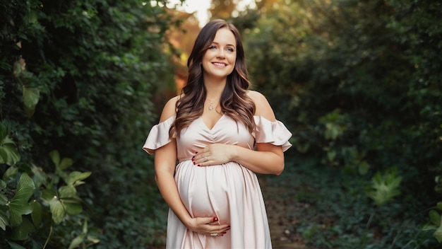 Elegante madre embarazada en vestido posando orgullosa de su embarazo