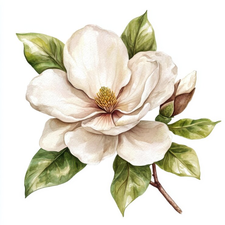 Elegante Magnolia Clipart acuarela blanca cremosa Elemento de flor en fondo blanco