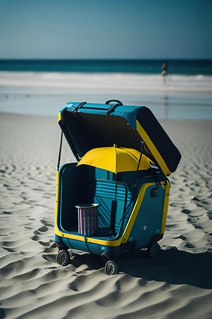 Elegante maleta en la playa con el océano de fondo IA generativa