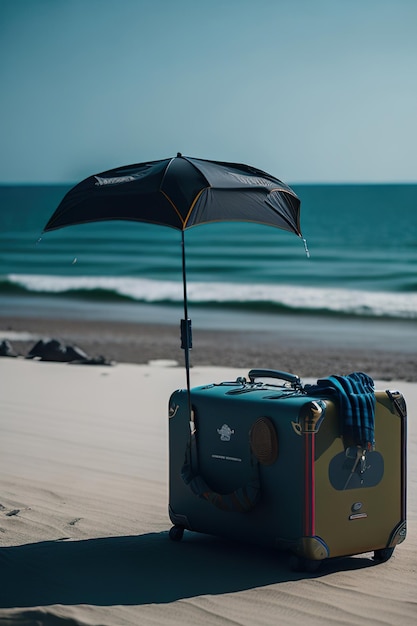 Elegante maleta en la playa con el océano de fondo IA generativa