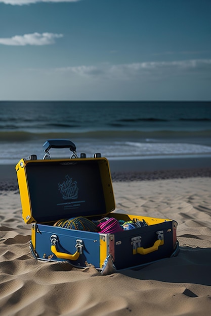 Elegante maleta en la playa con el océano de fondo IA generativa