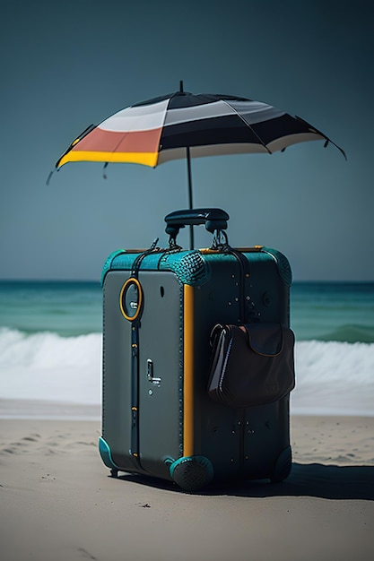 Elegante maleta en la playa con el océano de fondo IA generativa