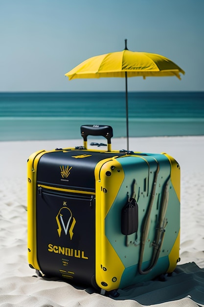 Elegante maleta en la playa con el océano de fondo IA generativa