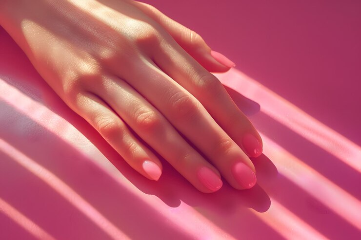 Elegante manicura rosa en una superficie rosa suave con llamativas sombras claras