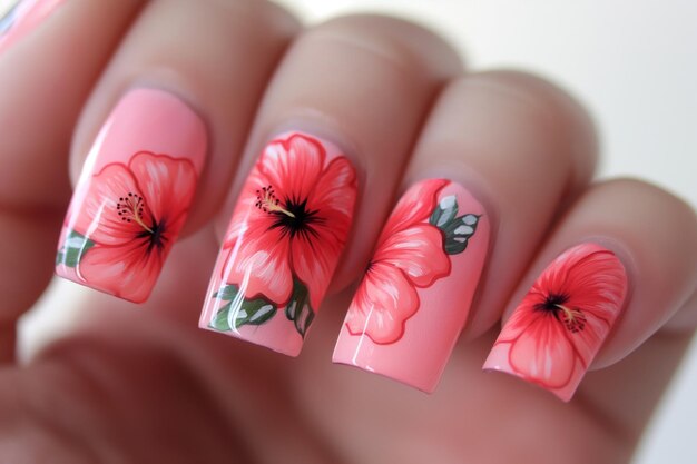 Elegante manicura con uñas de flor de hibisco pintadas en tonos rosados y corales vibrantes