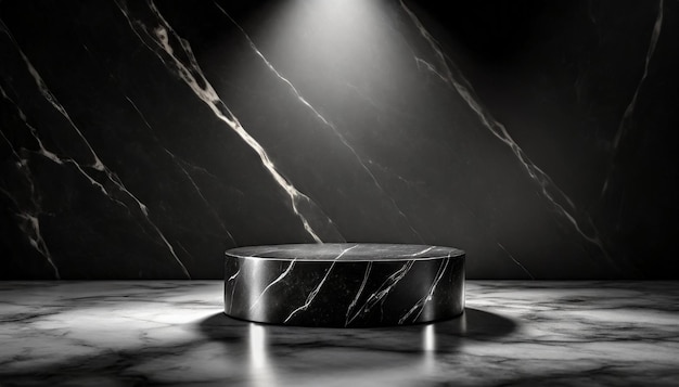 Una elegante maqueta de podio de mármol negro con un solo reflector que destaca la plataforma vacía