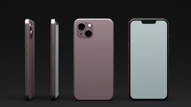 Elegante maquete de telefone rosa frente traseira e laterais renderização 3d