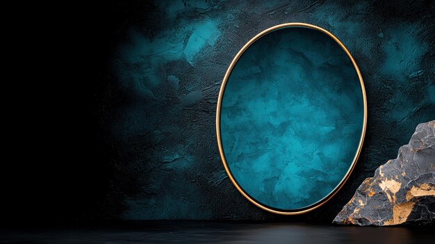Elegante marco circular sobre un telón de fondo de color turquesa oscuro con elemento de roca