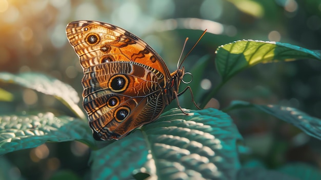 Una elegante mariposa naranja con marcas blancas y negras se posó en una hoja verde. El fondo es una mancha de hojas verdes.