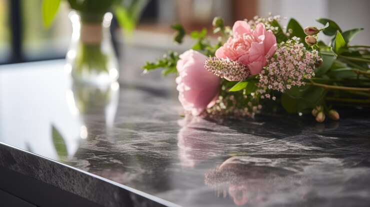 Elegante Marmor-Tischplatte mit stilvollen grauen und schwarzen Keramik-Akzenten für eine schicke Ästhetik