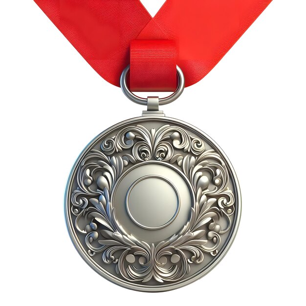 elegante medalha de prata segundo lugar design do prêmio com ilustração de fita vermelha branca vista frontal