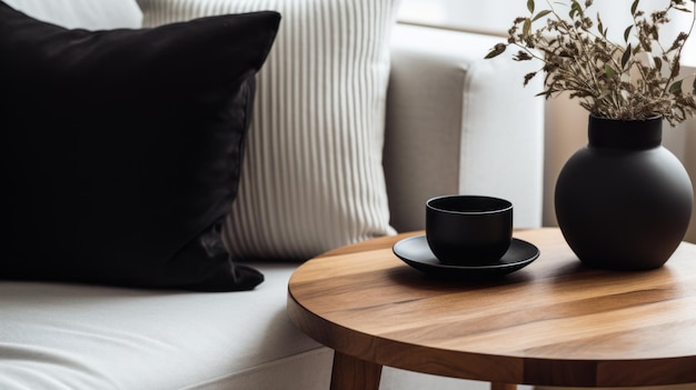 Foto elegante mesa de café con jarrón negro y fondo de madera