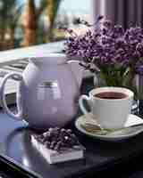 Foto elegante mesa de café de la tarde con libros y flores