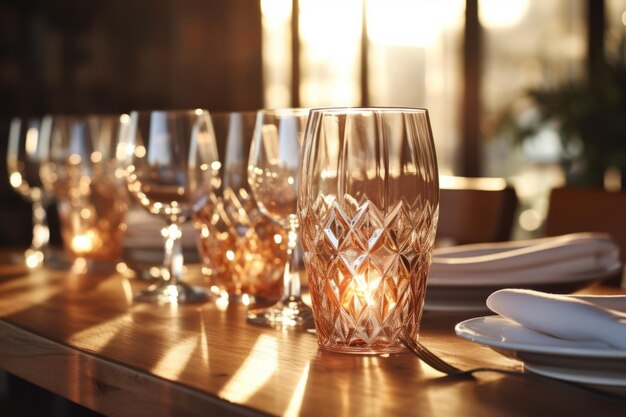 Elegante mesa com copos de vinho e luz de velas