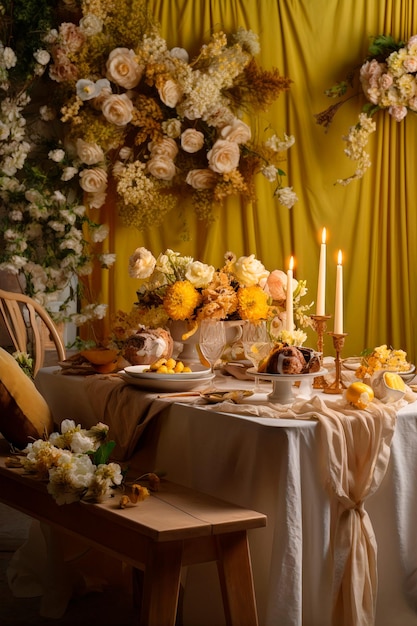 Elegante mesa de comedor al aire libre con arreglo floral