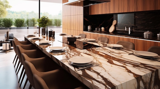 Elegante mesa de comedor de mármol de lujo y cocina marrón AI generativa