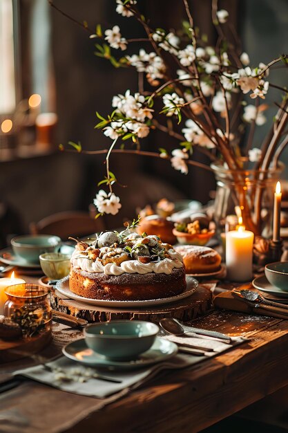 Elegante mesa de comidas de Pascua con una variedad de frutas y pasteles