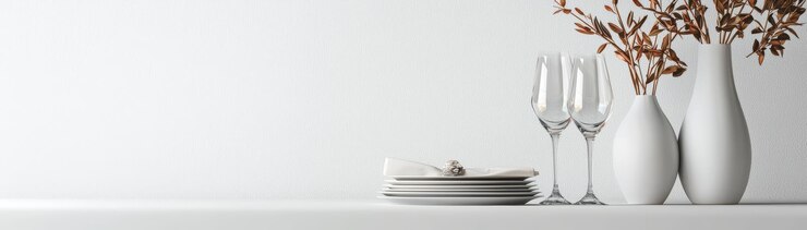 Elegante mesa con copas de vino decoración minimalista y flores secas en jarrones modernos en una superficie limpia