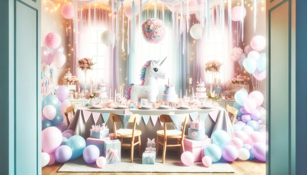 Elegante mesa de fiesta de cumpleaños con tema pastel