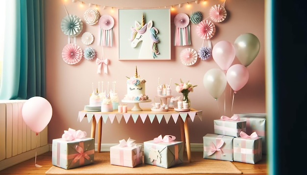 Elegante mesa de fiesta de cumpleaños con tema pastel