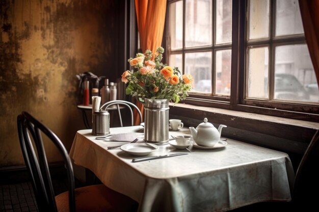 Elegante mesa con flores y cubiertos en una cafetería vacía