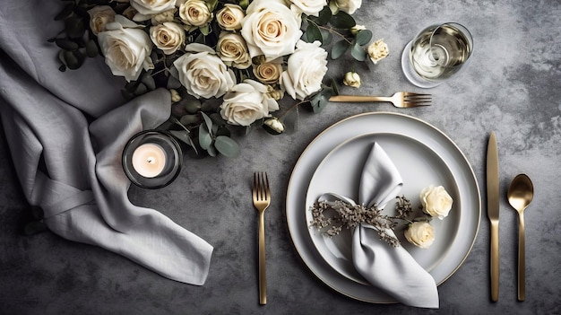 Elegante mesa con invitaciones de boda y vista superior de flores