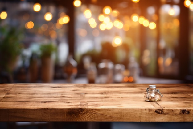 Una elegante mesa de madera en un fondo de cocina borroso