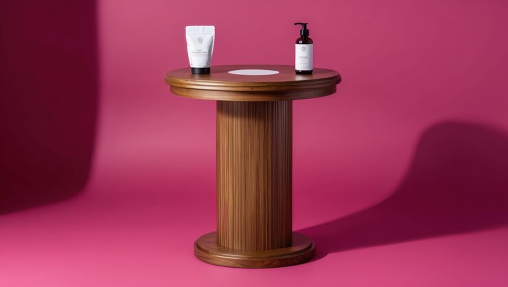 Foto una elegante mesa de madera con una vela y una caja contra un telón de fondo rosa