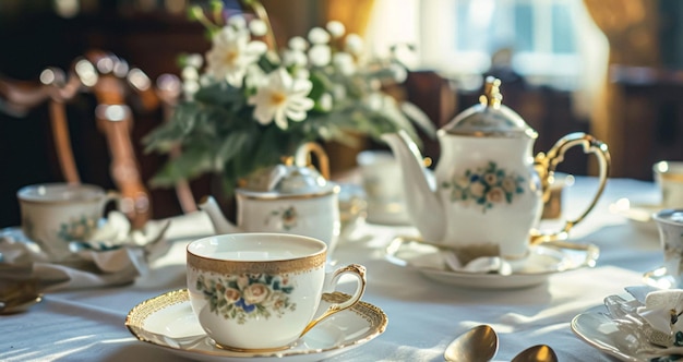 Elegante mesa para festa de chá com bolos e cupcakes em estilo inglês vintage