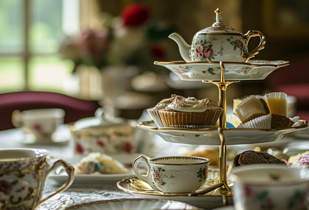 Elegante mesa para festa de chá com bolos e cupcakes em estilo inglês vintage