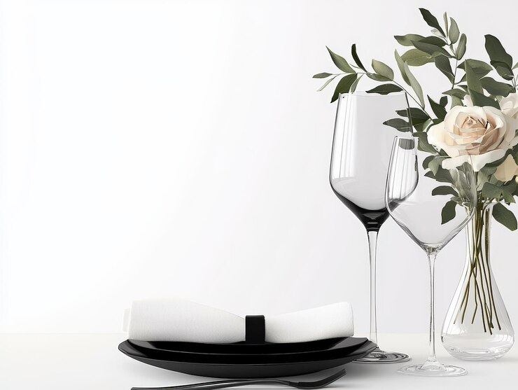 Elegante mesa con placa negra, servilleta blanca, copas de vino y un arreglo floral para ocasiones especiales.