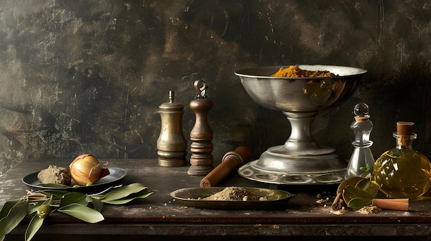 Elegante mesa con platos de plata vintage y telón de fondo rústico ideal para restaurantes de alta cocina diseño clásico y atemporal AI