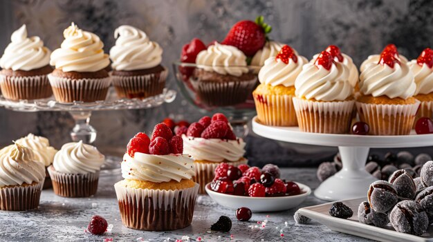Elegante mesa de postres con pasteles gourmet y caramelos variados espacio de copia