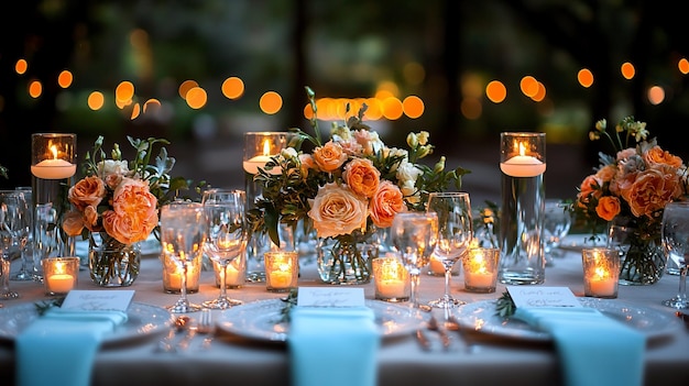 Elegante mesa de recepción de bodas al aire libre adornada con ornamentos florales y velas