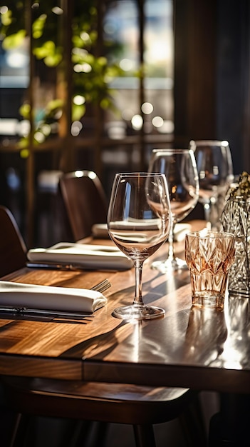 Elegante mesa de restaurante con copas de vino y luz del sol