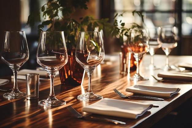 Elegante mesa de restaurante con copas de vino y luz del sol