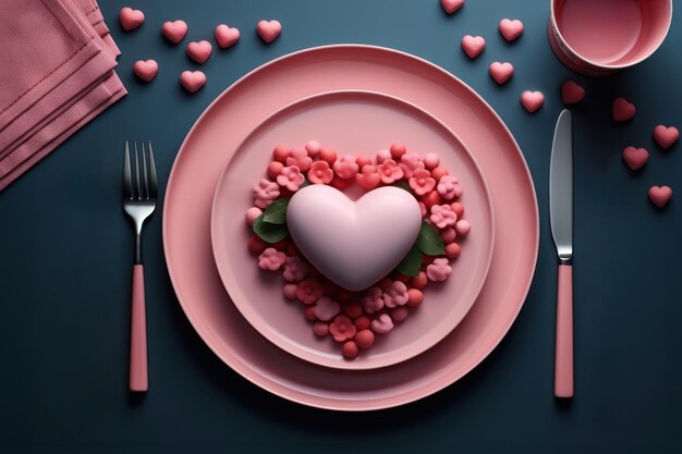 Elegante mesa en tonos rosados con un corazón y dulces creados para una noche romántica