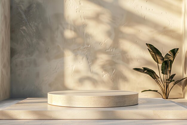Elegante minimalistische Ausstellung mit leerem Podium und Pflanzenschatten auf einem sonnigen Wandhintergrund