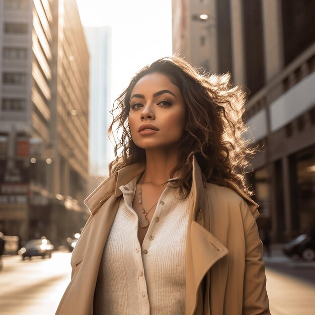 Foto elegante modelo feminina da eurásia com cabelo castanho em retrato de moda urbana e empresarial