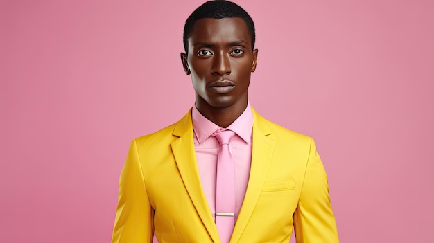 Elegante modelo masculino afroamericano con traje rosa de moda, camisa amarilla y corbata aislada en el fondo del estudio que representa la moda y los negocios