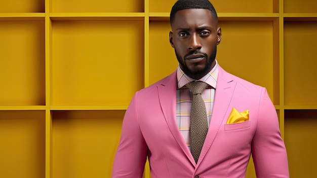 Elegante modelo masculino afroamericano con traje rosa de moda, camisa amarilla y corbata aislada en el fondo del estudio que representa la moda y los negocios