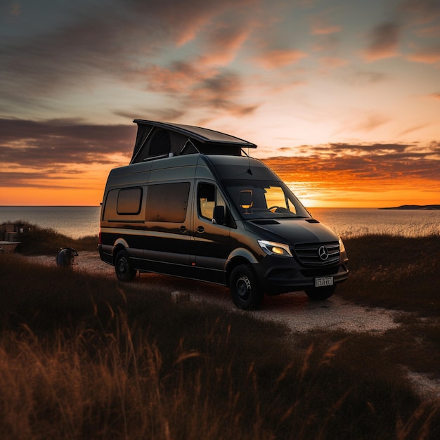 Elegante y moderna autocaravana estacionada en una tranquila carretera rural con puesta de sol